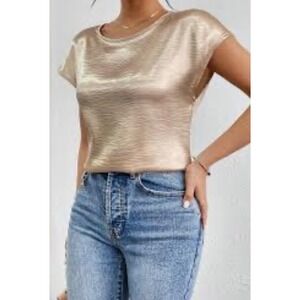 Glam Gold Metallic Ribbed Cap Sleeve Top GT8547 Womens Small